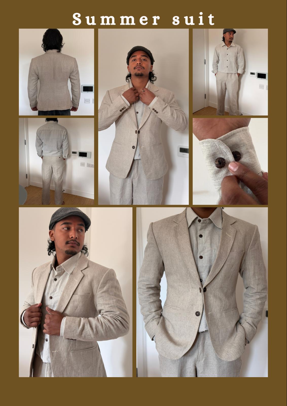 Light brown summer suit shown in multiple angles: jacket, trousers, shirt, and coconut-shell button detail