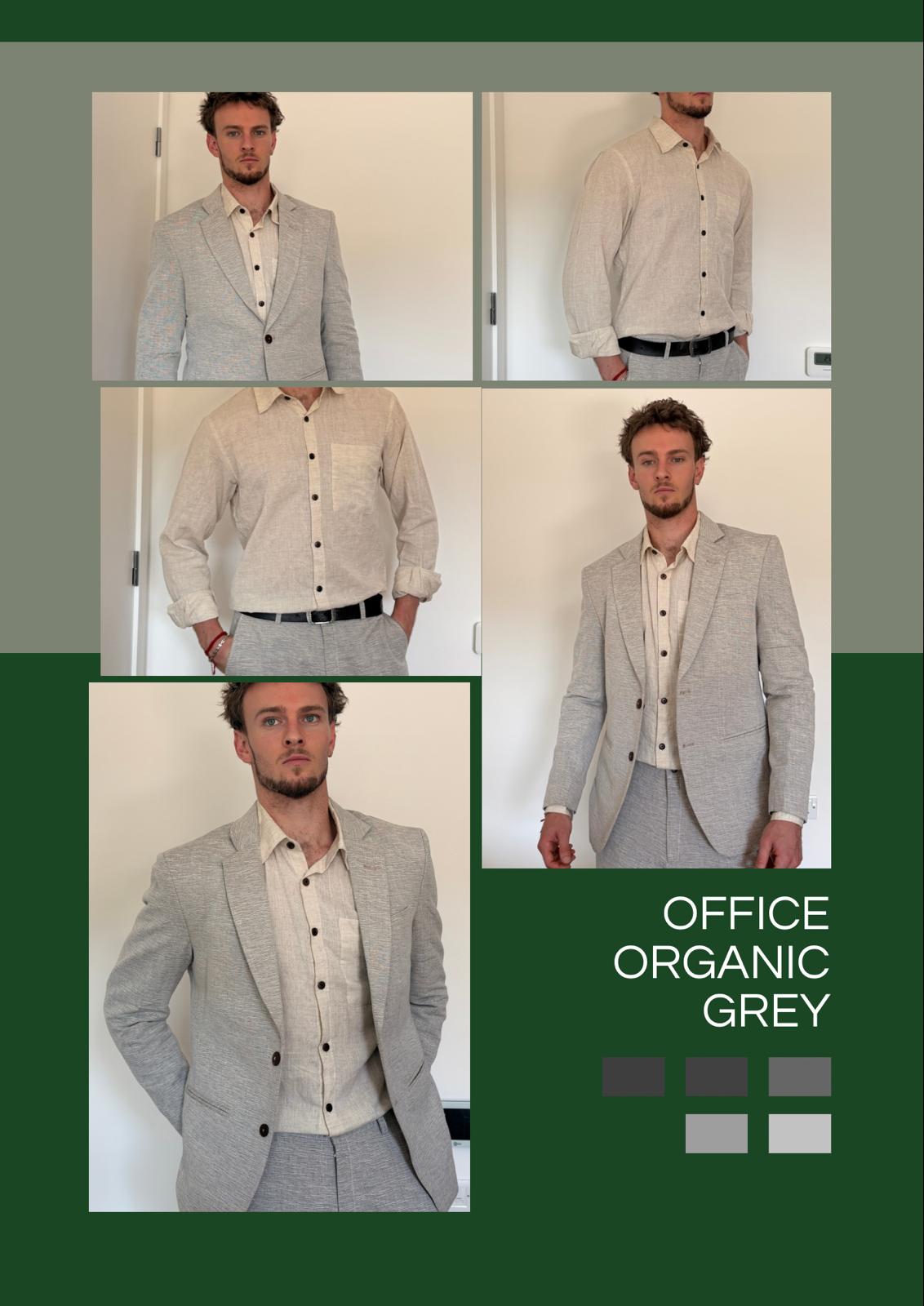 Office organic grey suit shown as jacket, shirt, and full outfit on a model
